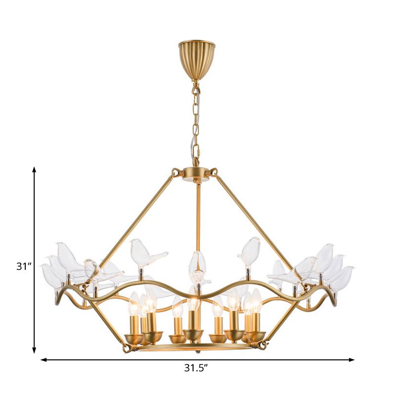 Metal Flower Basket Chandelier Lamp Modern 9 Bulbs Gold Pendant Lighting Fixture with Clear Glass Bird