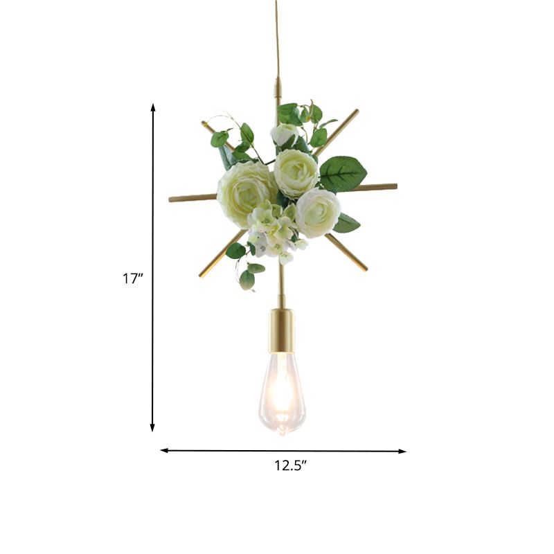 Farmhouse Fake Floral Ceiling Lamp 1 Light Metallic Pendant Light in Green with Triangle/Square/Linear Frame