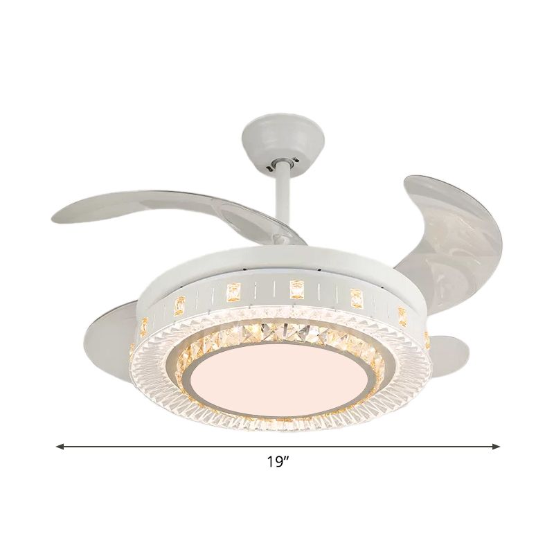 19" Wide White Layered Ceiling Fan Light Modernist LED Crystal Semi Flush Mount, 4 Blades