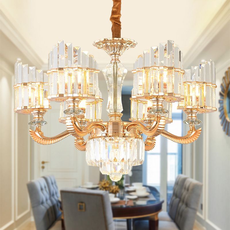 Radial Chandelier Light Modern Crystal 6/8 Bulbs 23.5"/27" Wide Gold Suspended Lighting Fixture with Curved Metal Arm