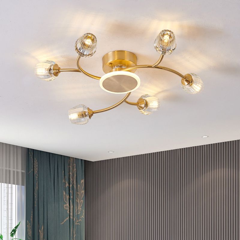 Copper Multi-head Semi Flush Mounted Ceiling Led Lights Glass Shade Modern Radial Metal Semi Flush Light