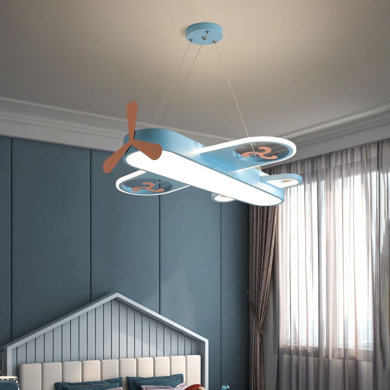 1 Light Airplane Shape Pendant Kids Metallic Drop Lamp with Round Canopy for Bedroom