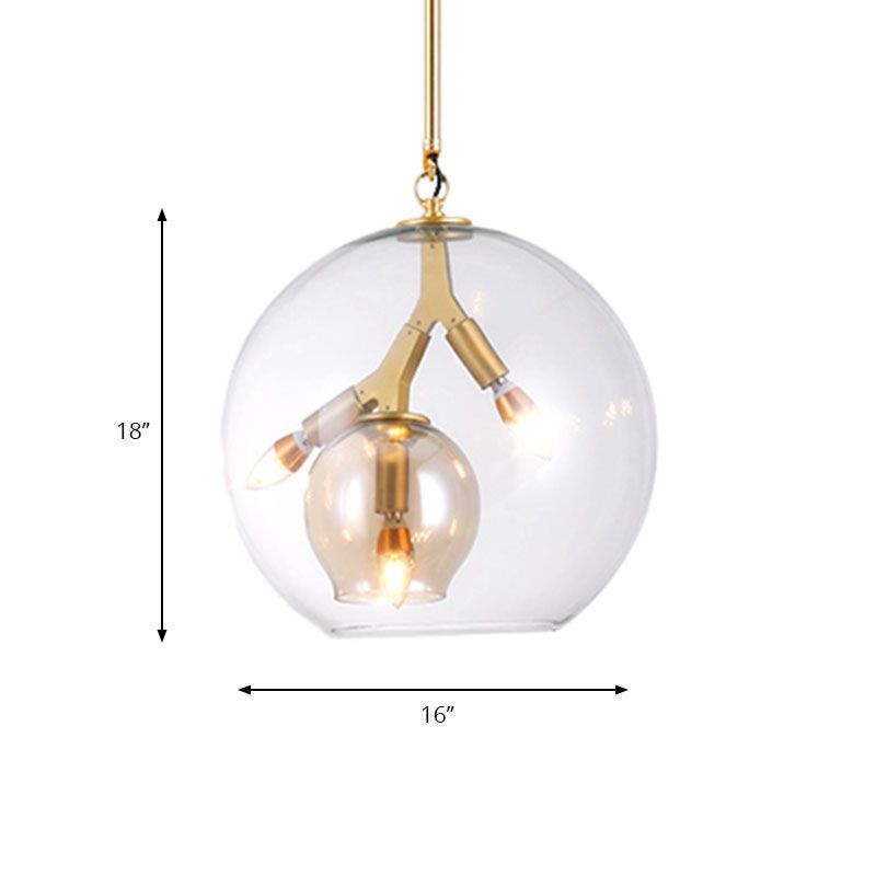 Double Glass Dining Room Chandelier Glass Triple Light Post Modern Ceiling Lamp in Amber/Clear