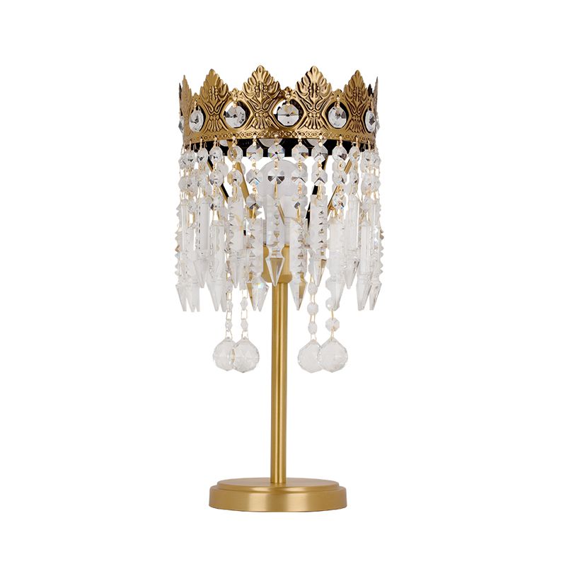 Brass 1 Bulb Nightstand Light Antique Crystal Fringe Table Lighting with Carved Crown Top