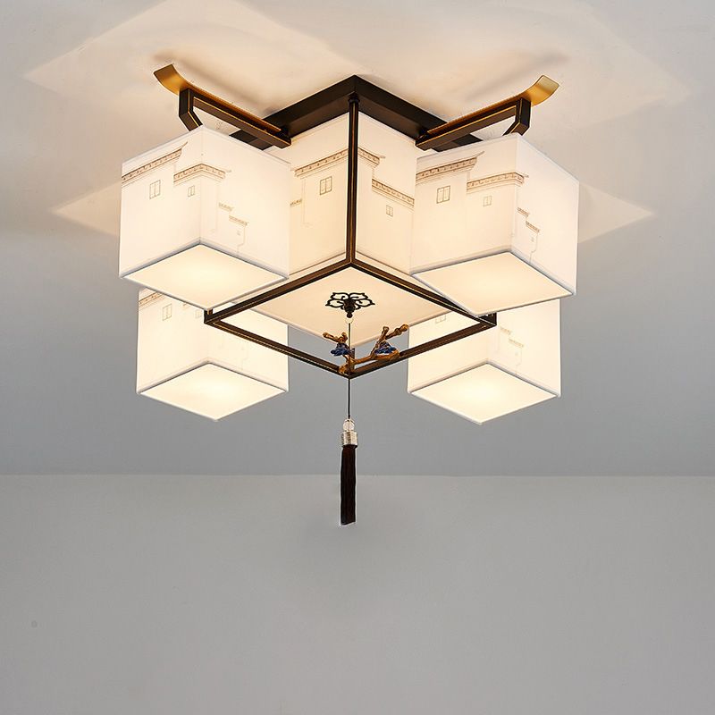 Wit Sputnik LED -plafondlicht in traditionele artistieke stijl Stoffen Indoor Semi Flush Mount met keramische bloemendecoratie