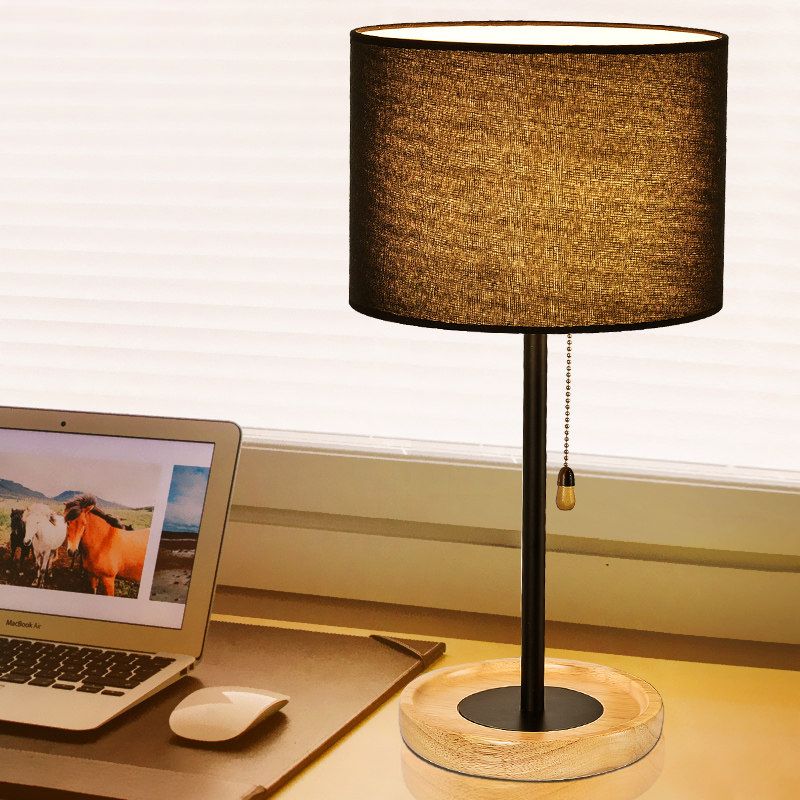 Modernist Cylinder Task Light Fabric 1 Bulb Reading Lamp in Black/Flaxen with Pull Chain