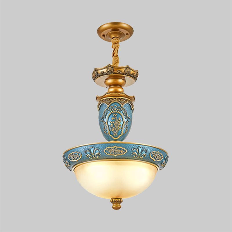 Frosted Glass Domed Pendant Light Farmhouse 3 Bulbs Dining Room Ceiling Lamp with Carving Blossom in Blue, 14.5"/19" Wide