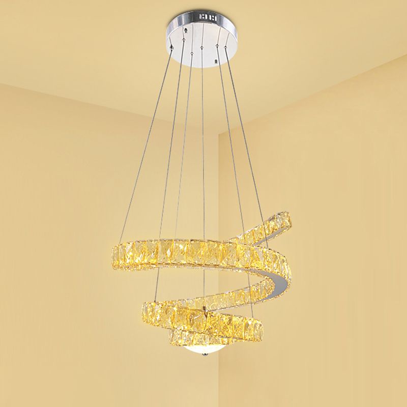 Chrome Spiral Chandelier Lighting Fixture Minimalist LED Crystal Hanging Lamp in Warm/2 Color Light