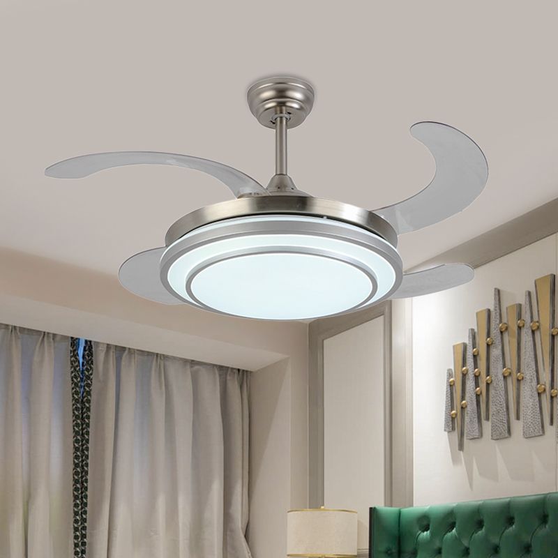 36 "W Nickle Circle hangerse ventilatorverlichting Moderne metalen LED Slaapkamer Semi Flush Mount Light met 4 messen, afstandsbediening/frequentieconversie en afstandsbediening