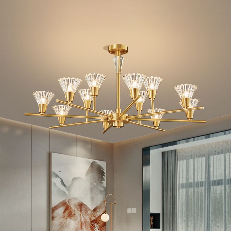 Brass Flower-Like Pendant Light Fixture Modern Clear Glass 6/8/12 Heads Living Room Up Chandelier