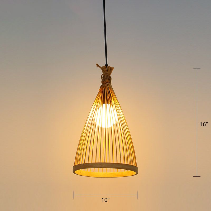 Conical Restaurant Drop Pendant Bamboo 1 Head Minimalist Hanging Ceiling Light with Cage Design