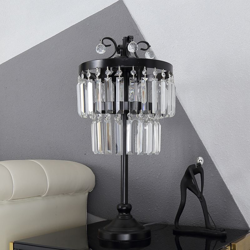 Crystal Dual-Layered Drum Table Lamp Traditional 1 Head Bedchamber Night Light in Black