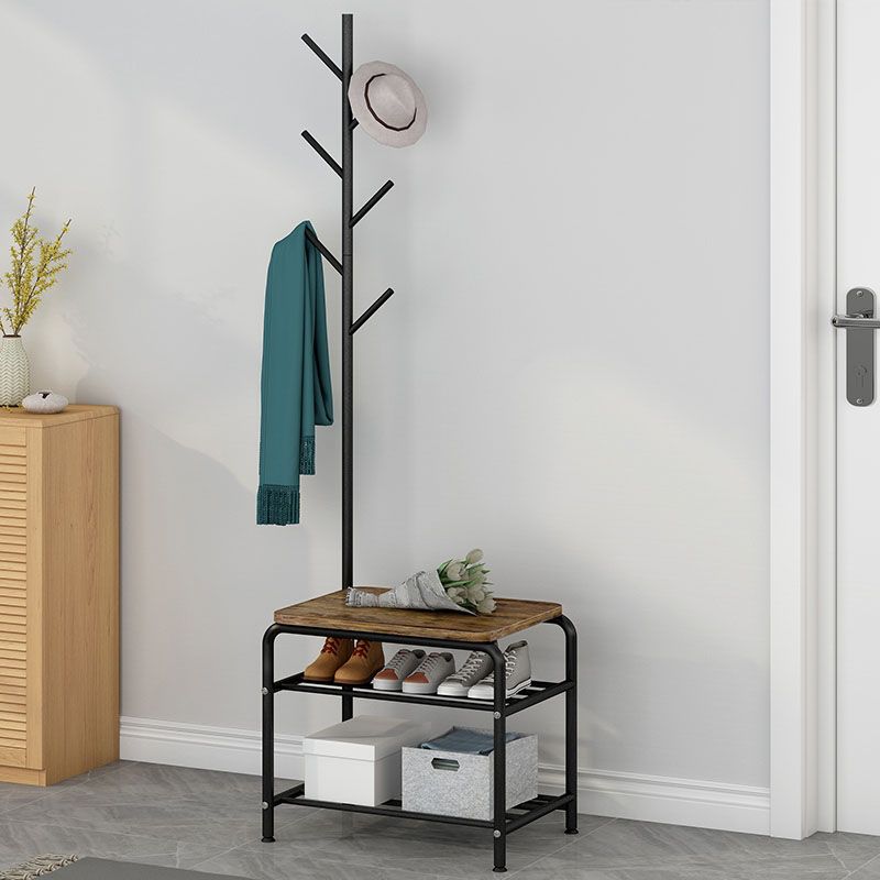 Leisure Hall Tree Plain Coat Hooks Metal Coat Rack with Storage Bench