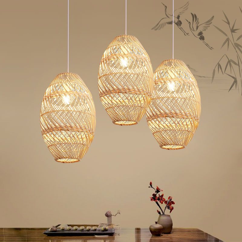 Bamboo Rattan Oval Hanging Lighting Asian 1 Light Wood Pendant Lamp Kit for Tea Room