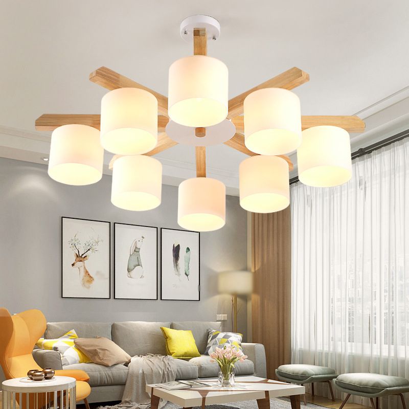 Opal Glass Barrel Shade Hanging Light Contemporary LED Wood Chandelier Light Fixture for Living Room