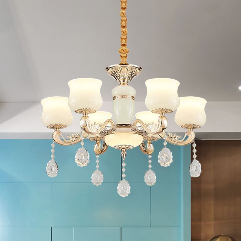 Jade Bud Chandelier Lighting Modern 6 Lights Bedroom Crystal Ceiling Suspension Lamp in Gold