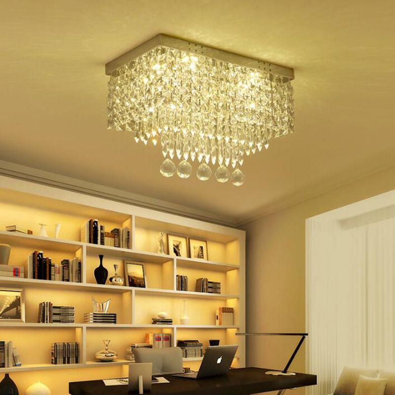 Clear Rectangle Flush Ceiling Light 19.5"/23.5" Dia LED Modern Crystal and Metal Ceiling Lamp for Kitchen