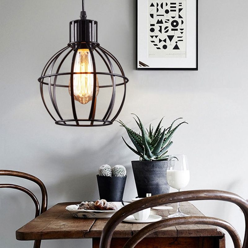 Black Finish 1 Bulb Pendant Hanging Light Industrial Metal Ball Cage Shade Ceiling Lamp for Restaurant