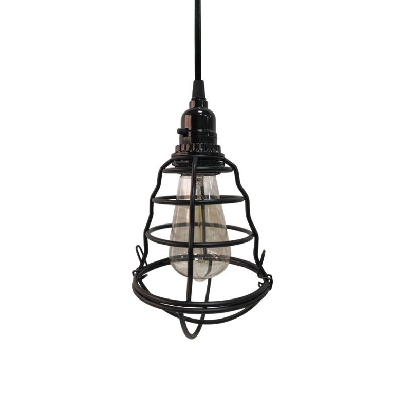 Bulb Shaped Cage Corridor Pendant Lamp Industrial Metallic One Light Black Hanging Light with Plug In Cord