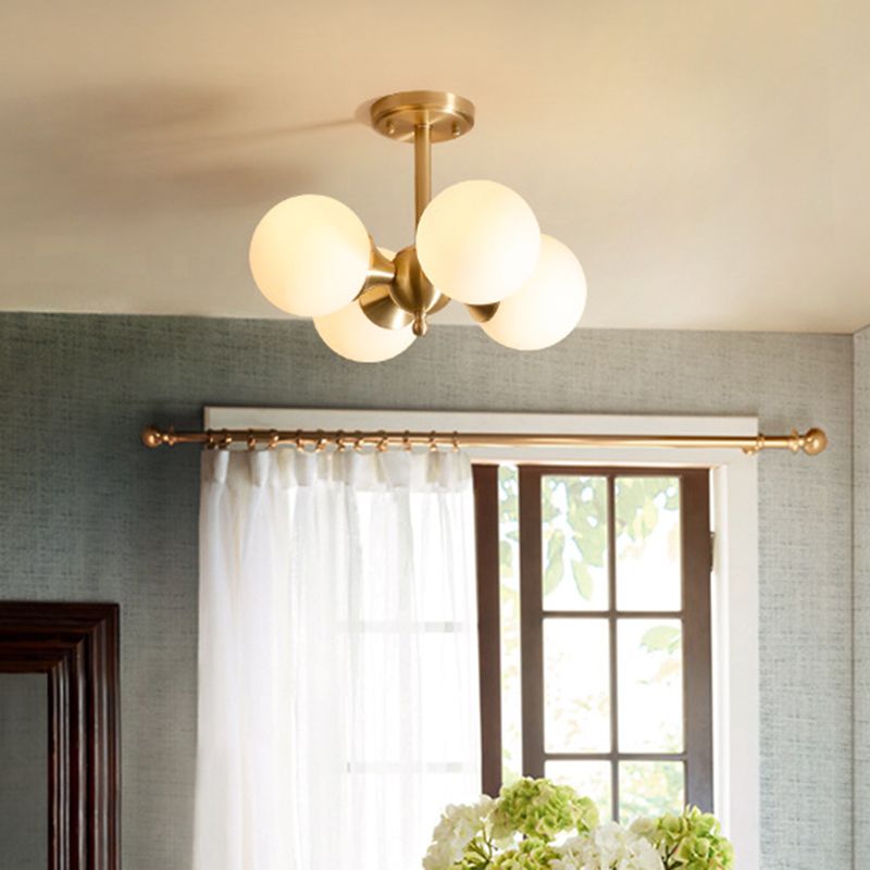 Post-Modern Metal Hanging Chandelier Light Opal Glass Shade 4 Light Ceiling Chandelier in Gold  for Bedroom