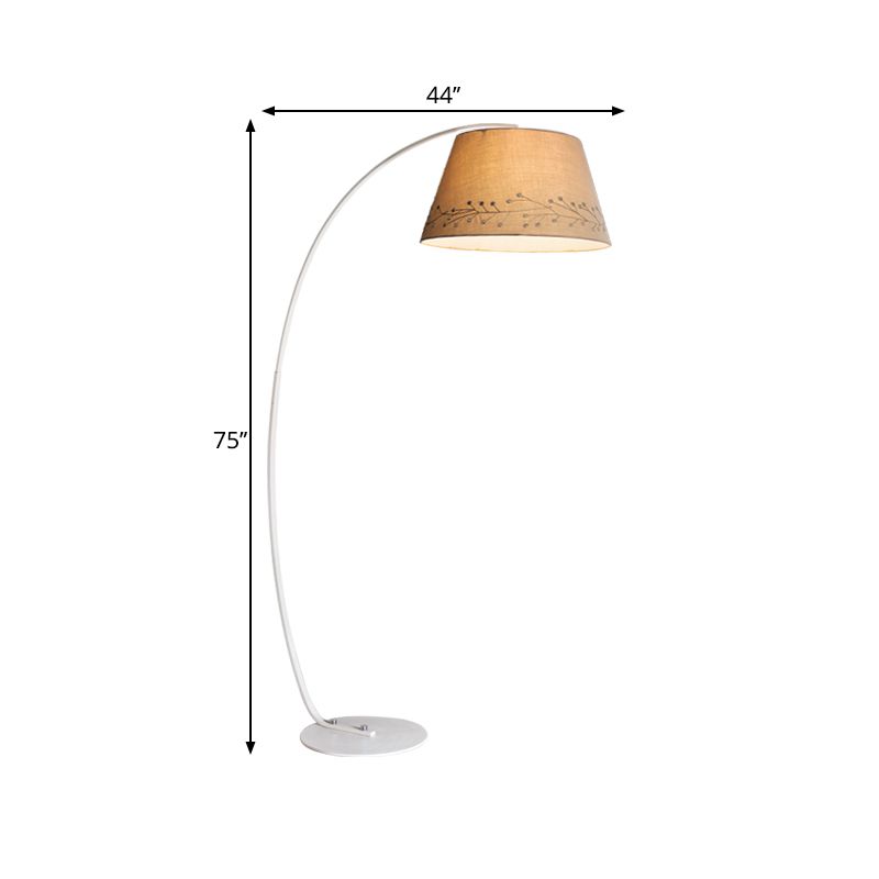 Drum Reading Floor Lighting Simple Fabric 1 Bulb Beige Standing Lamp with Arched Arm for Living Room