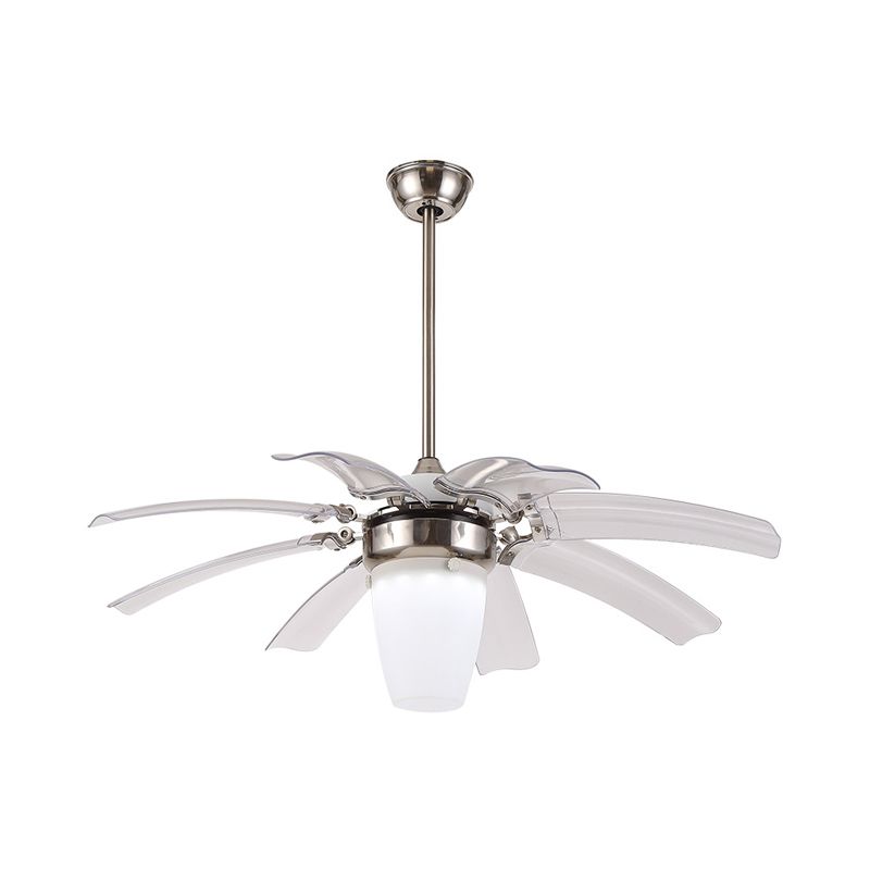 42" W LED Semi Flushmount Contemporary Cone Opal Glass 8 Blades Ceiling Fan Lighting in Silver for Bedroom