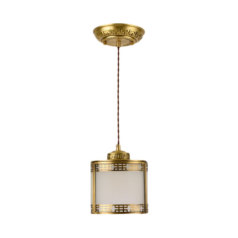 Cilinder matglas hanglamp traditionele 1 lichte gang hangend plafondlicht in messing met metalen frame