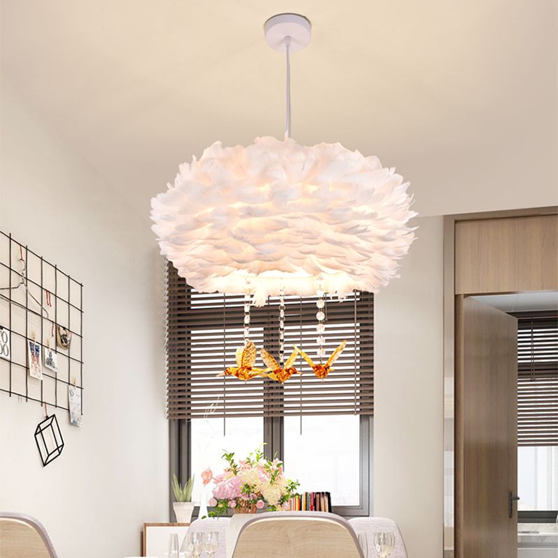 Drum Chandelier Modern Style Feather 3/4/5-Head White Pendant Light with Amber Bird Decor, 16"/19.5"/31.5" Width