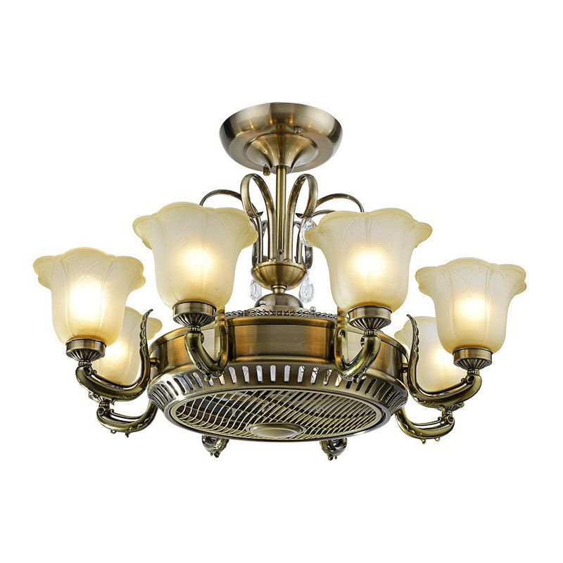 34" Wide Vintage Floral Pendant Fan Lamp Frosted Glass 3-Blade Semi-Flush Ceiling Light in Light Gold