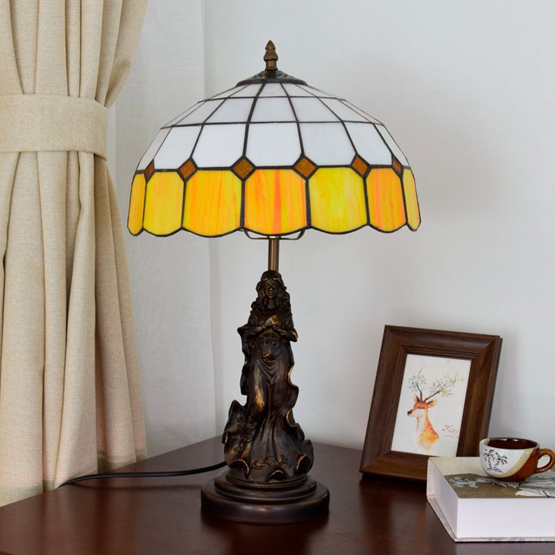 Resin Bronze Night Stand Light Angel Girl 1 Head Vintage Table Lamp with Orange and White Grid Glass Shade