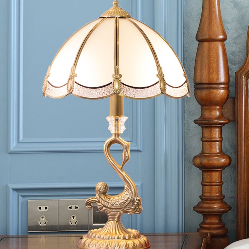 Classic Dome Table Light 1 Head White Glass Night Stand Lamp with Bird Decoration in Brass