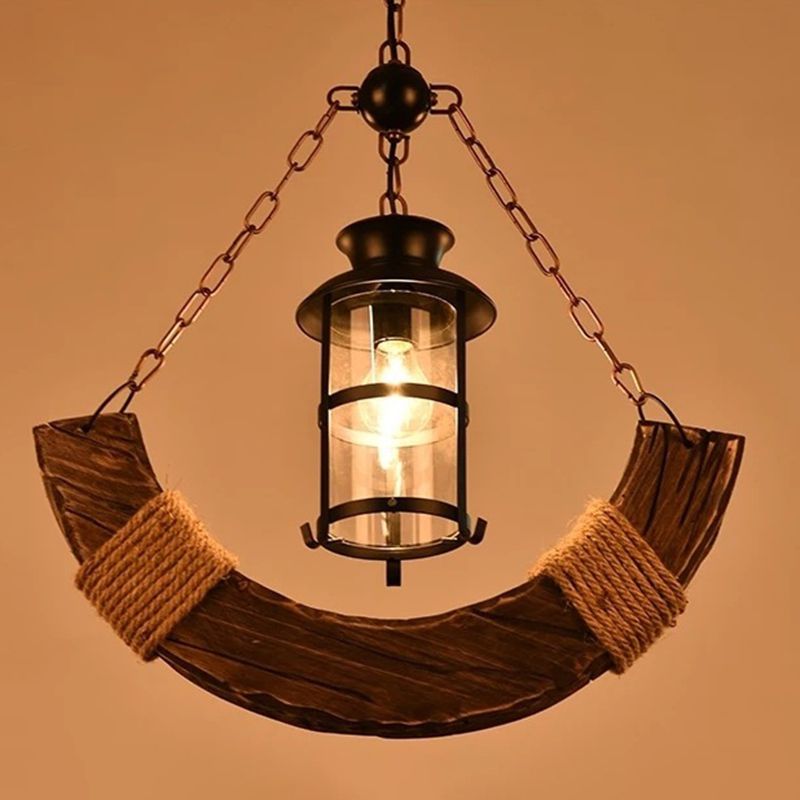 Clear Glass Cylindrical Ceiling Light Industrial 1 Head Restaurant Hanging Pendant Light in Distressed Wood