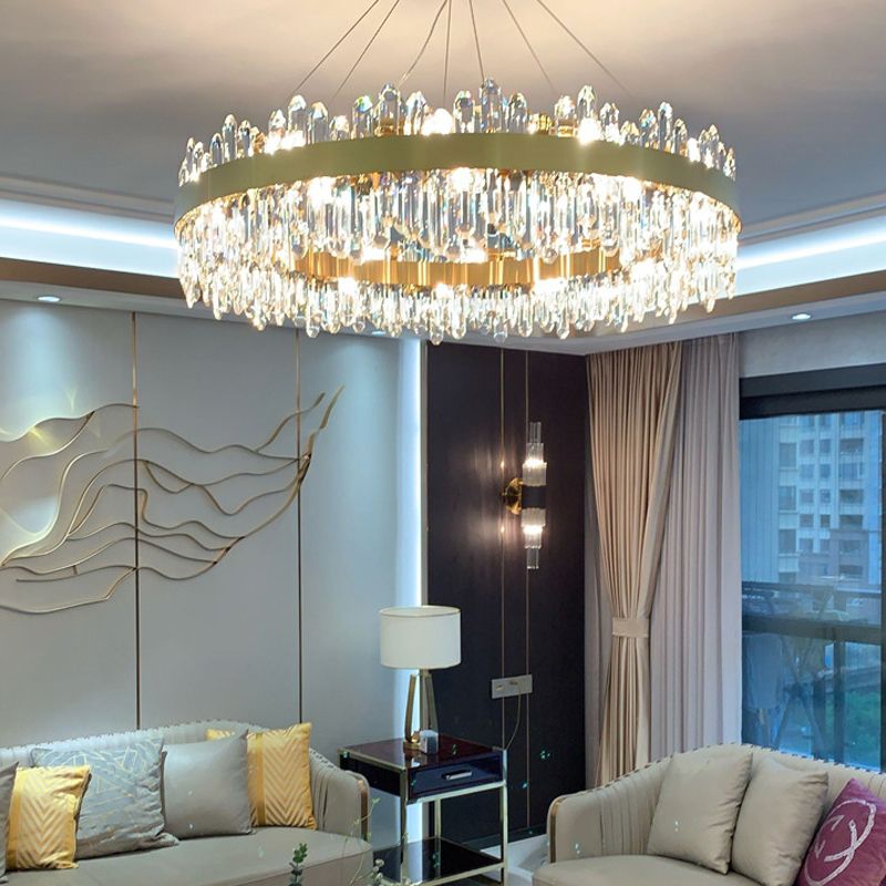 Round Shape Hanging Lights Crystal Metal Chandelier in Gold for Living Room