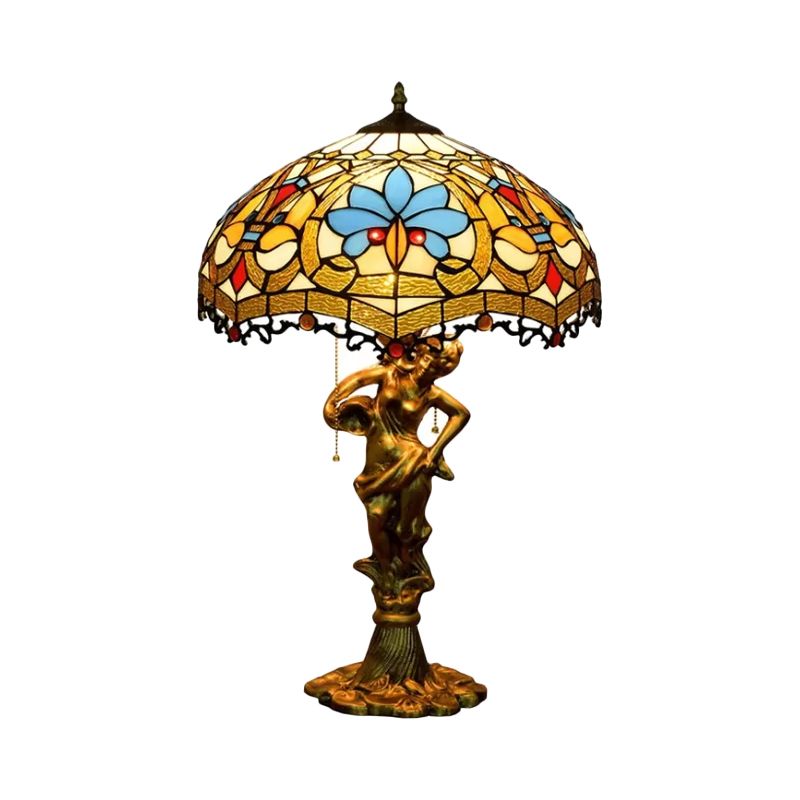 Scalloped-Trim Netting/Parrot Table Lamp Baroque Blue/White-Brown Glass 3 Lights Bronze Pull-Chain Night Light with Woman Sculpture