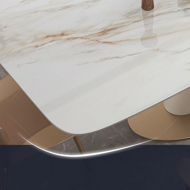 Juego de comedor de piedra sinterizada de estilo moderno con mesa de forma rectangular blanco y base de caballete