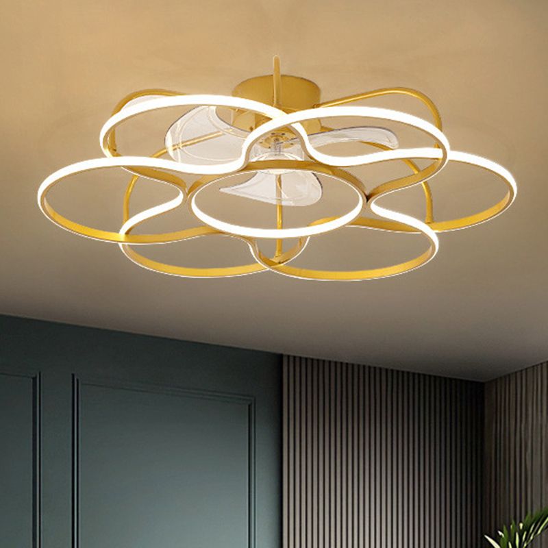 3 Blades Flower Ceiling Fan Lamp Modern Metal Remote Control LED Semi Flush Light for Dining Room