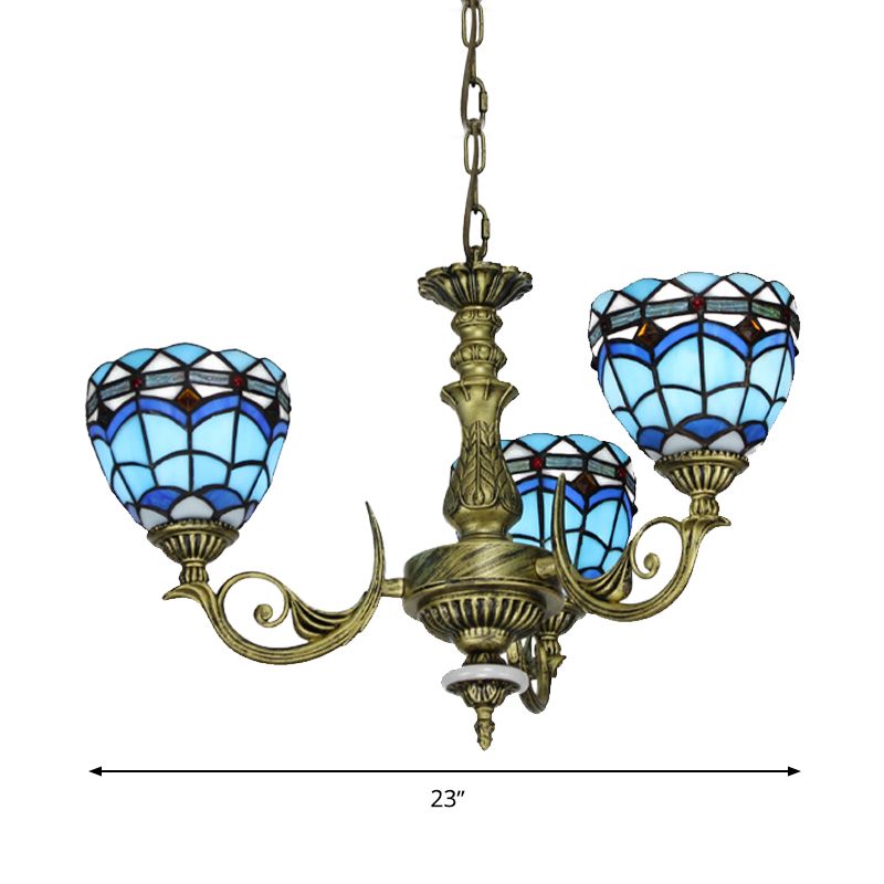 Curved Arm Hanging Chandelier 5/9/11 Lights Cut Glass Victorian Suspension Lighting in Blue for Bedroom