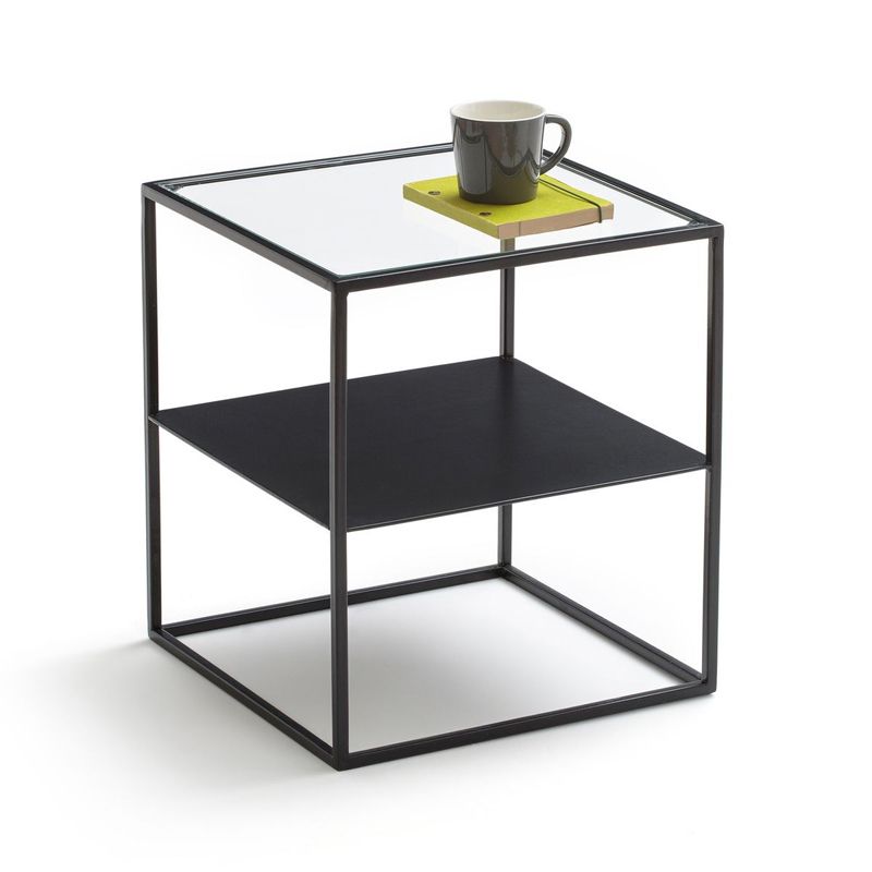 Modern 18 Inch H Night Table Metal Glass Top Open Storage Nightstand