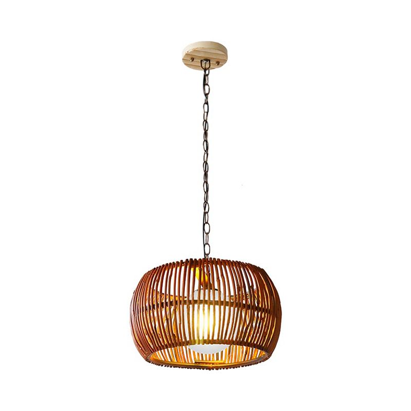 Red Brown Drum Hanging Lamp Retro 1 Head Bamboo Ceiling Pendant Light with Ball Opal Glass Shade