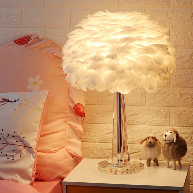 1-Light Bedside Night Lamp Nordic Table Light with Layered Feather Shade and Crystal Accent