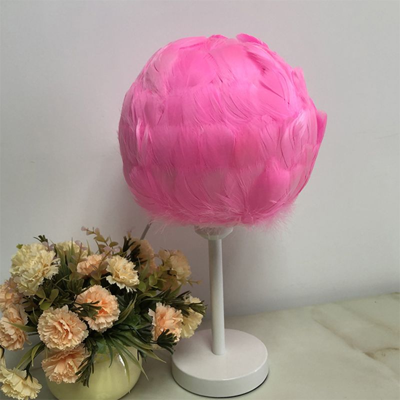 Handmade Sphere Feather Table Light Nordic Style 1-Light White/Pink/Rose Red Nightstand Lamp with Plug-in Cord