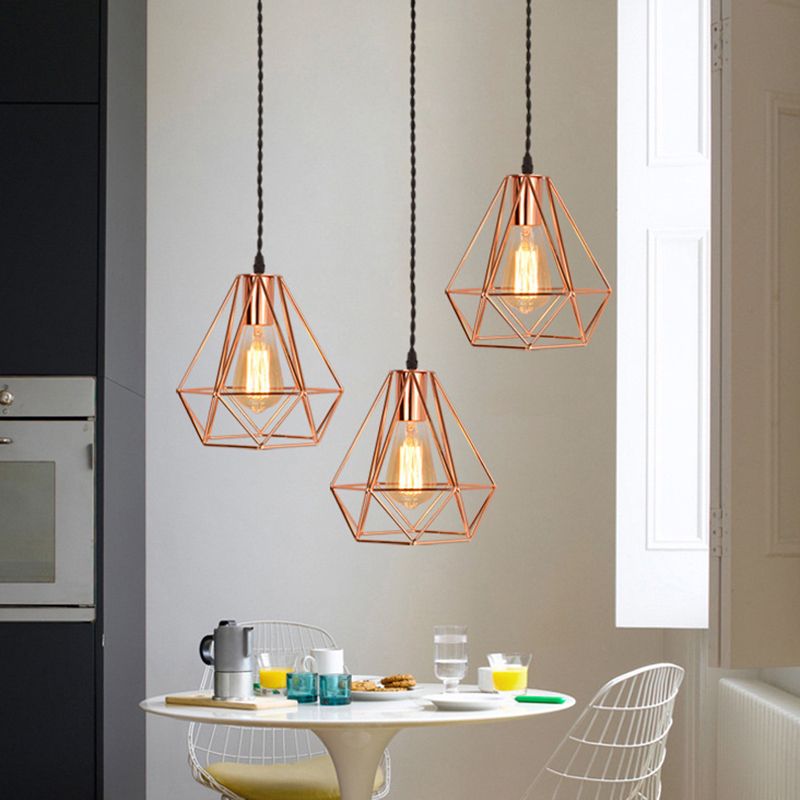 Diamond Iron Cluster Pendant Lighting Post-Modern Restaurant Hanging Lamp in Rose Gold