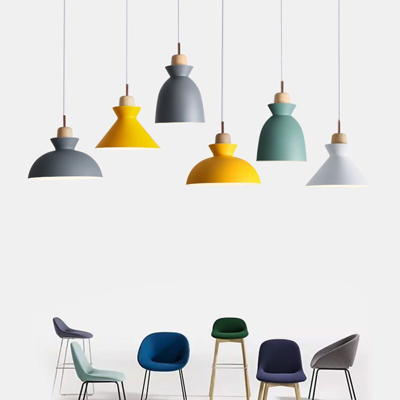 Modern Minimalist Wooden Top Pendant Light Metal Colorful Macarons 1-Light Pendant Lighting