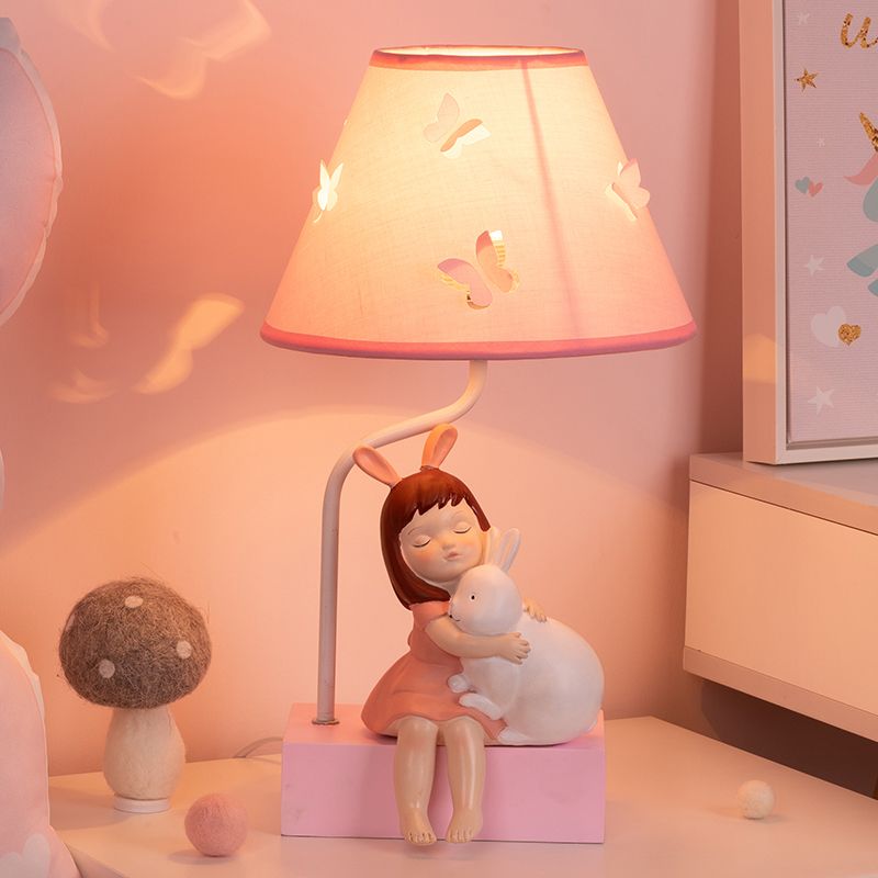 Cartoon Conical Fabric Night Lamp 1 Head Table Light in Pink with Girl Rabbit Design and Wood Base