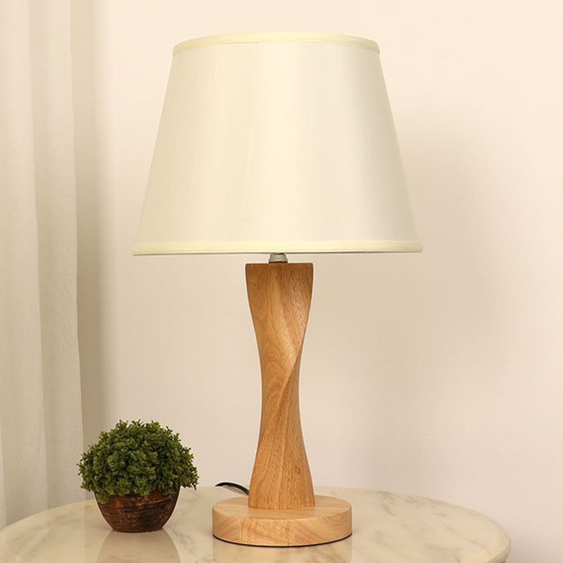 Wood Twisted Night Lamp Cottage 1 Light Living Room Table Lighting with Conic Fabric Shade in Beige/Grey/Flaxen