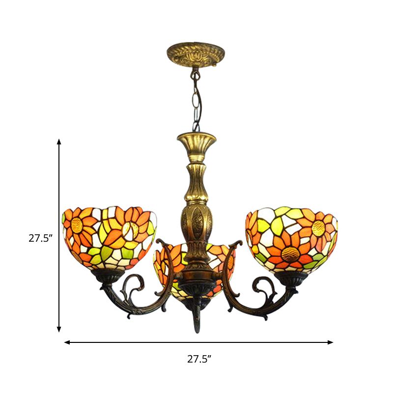 3/5/6 Lights Sunflower Kitchen Hanging Light Stained Glass Rustic Tiffany Chandelier with Inverted Shade in Orange