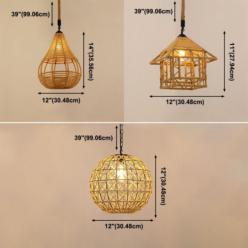 Industrial Style Shaded Pendant Ceiling Light Rope Hanging Ceiling Light in Beige