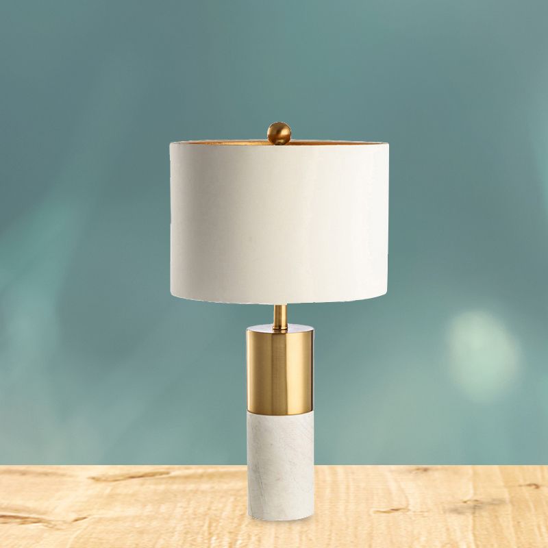 Metal Drum Shade Table Lamp with Marble Base Modern Style 1 Light White Table Lighting for Bedroom