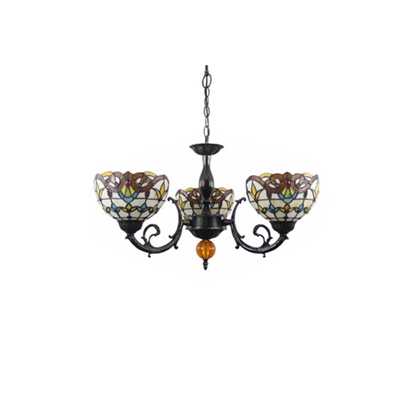 Beige Bowl Shade Chandelier Vintage Stained Glass 3 Lights Inverted Chandelier with Chain for Bedroom Lighting