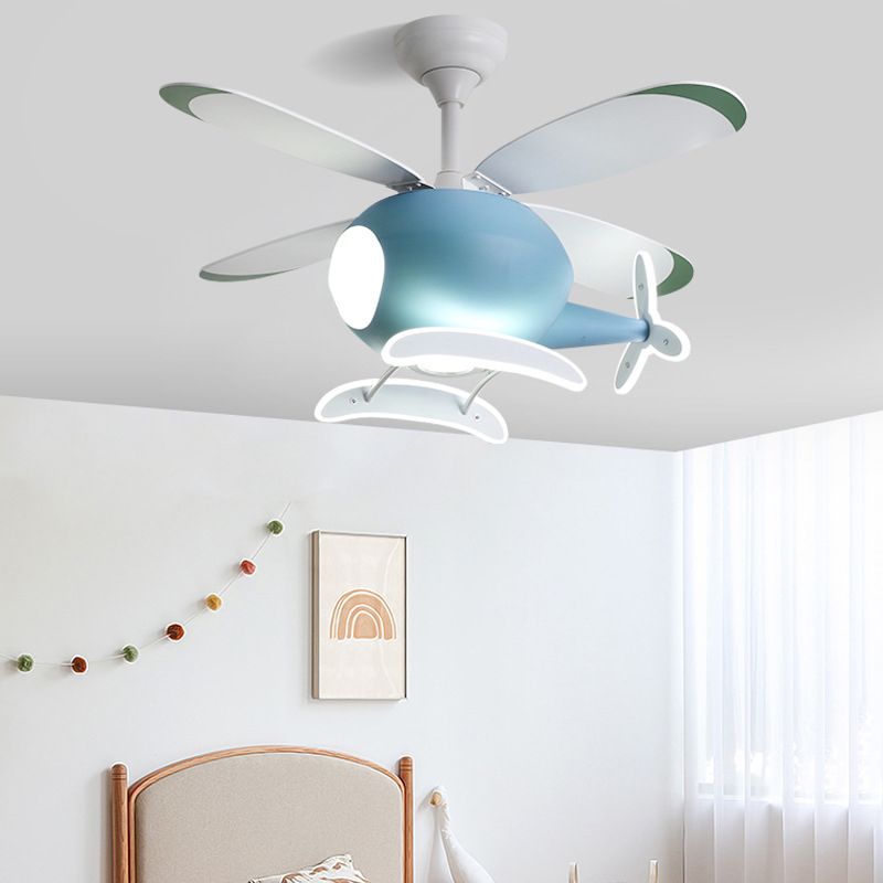 Acrylic LED Hanging Lamp in Kids Creative Style Iron Airplane Fan Pendant Light with Wooden Lamina